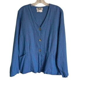 FLAX  100% Linen Lagenlook Jacket Blue Purple Button Up Front Pockets Sz Medium